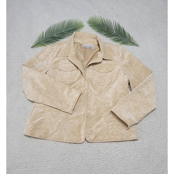 Chico's Womens Corduroy Cord Jacket Embossed Light Khaki w/ Front Pockets Size 2 - Picture 2 of 13